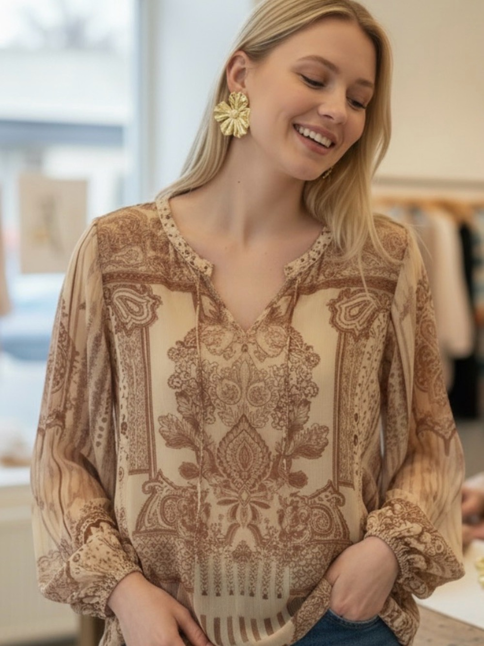 Hale Bob  Beige Peasant Long Sleeve Rayon Beaded With Gold Flower Earrings